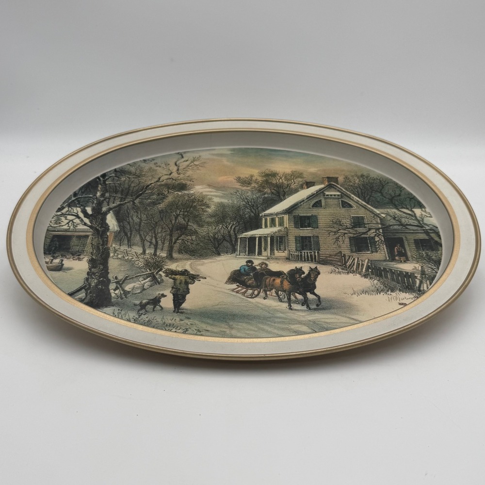 Currier and Ives The American Homestead Winter Metal Serving Tray Oval 14 inch